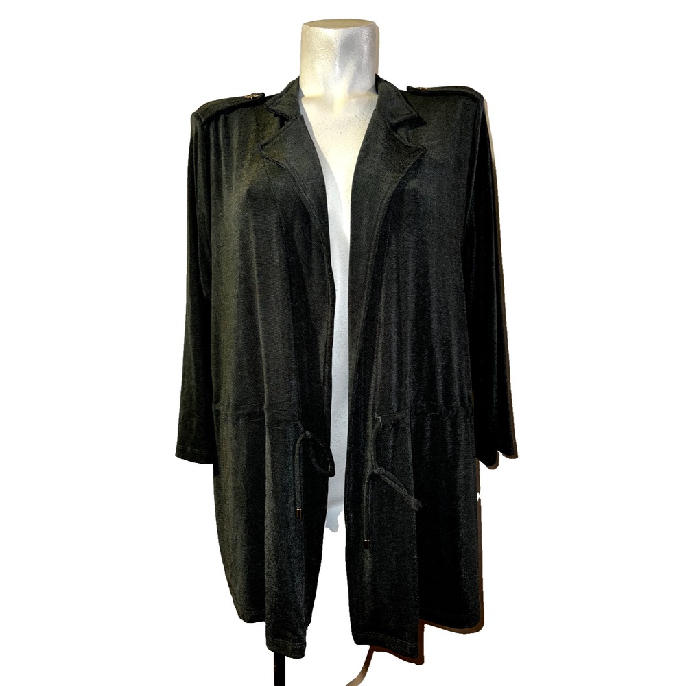 Chicos Travelers Green Slinky Knit Open Front Cardigan Military Epaulette L (2)